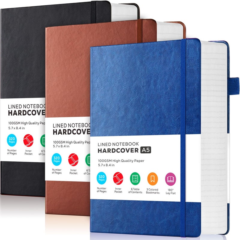 FOCUS DAY 3 Pack Journal Notebook  320 Pages A5 Lined Notebook Journal Set for Work Writing  Hardcover Leather Bound Notebooks Bulk for Women Men Office School  5.7'' X 8.4''  Multicolor - Image 1